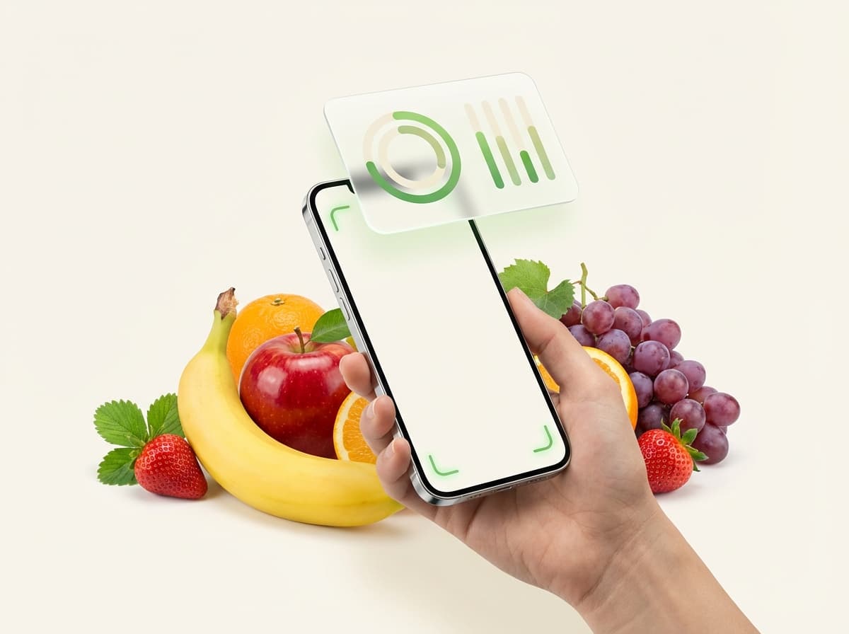 Фрукты и ягоды на столе и смартфон с карточкой КБЖУ