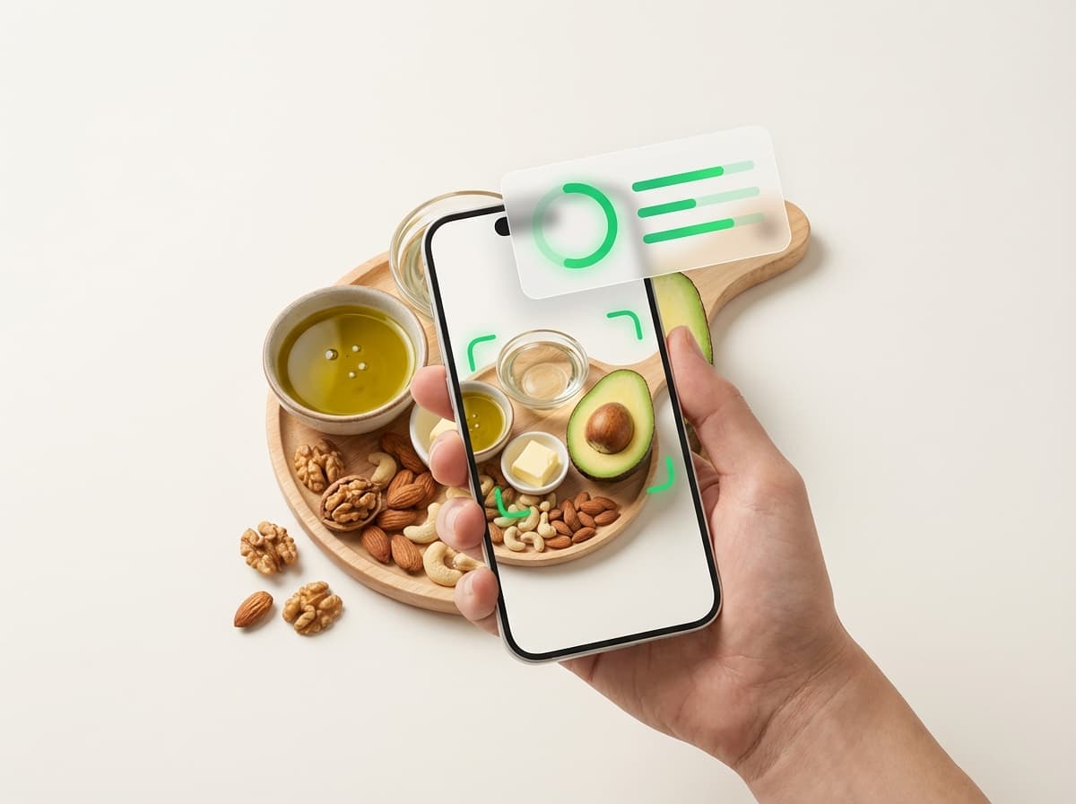 Масла и жиры, смартфон с карточкой калорий и порции
