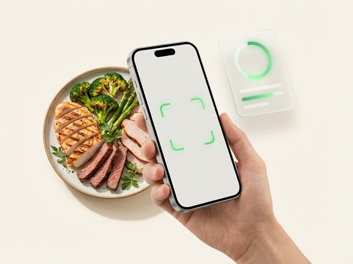 Мясо и птица на тарелке, смартфон с карточкой белка и калорий