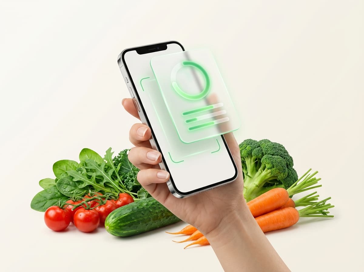 Овощи и зелень на кухонном столе и смартфон с карточкой КБЖУ