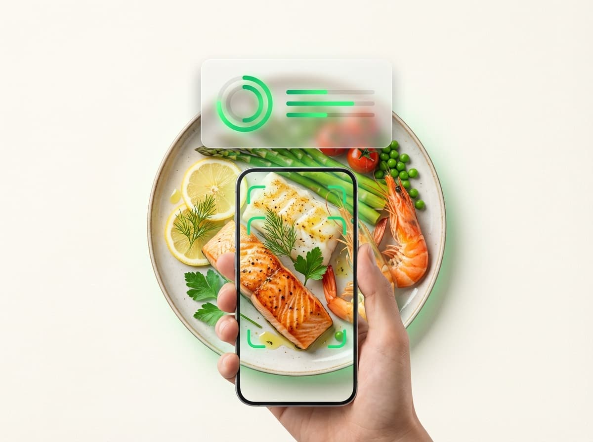 Рыба и морепродукты, смартфон с карточкой КБЖУ