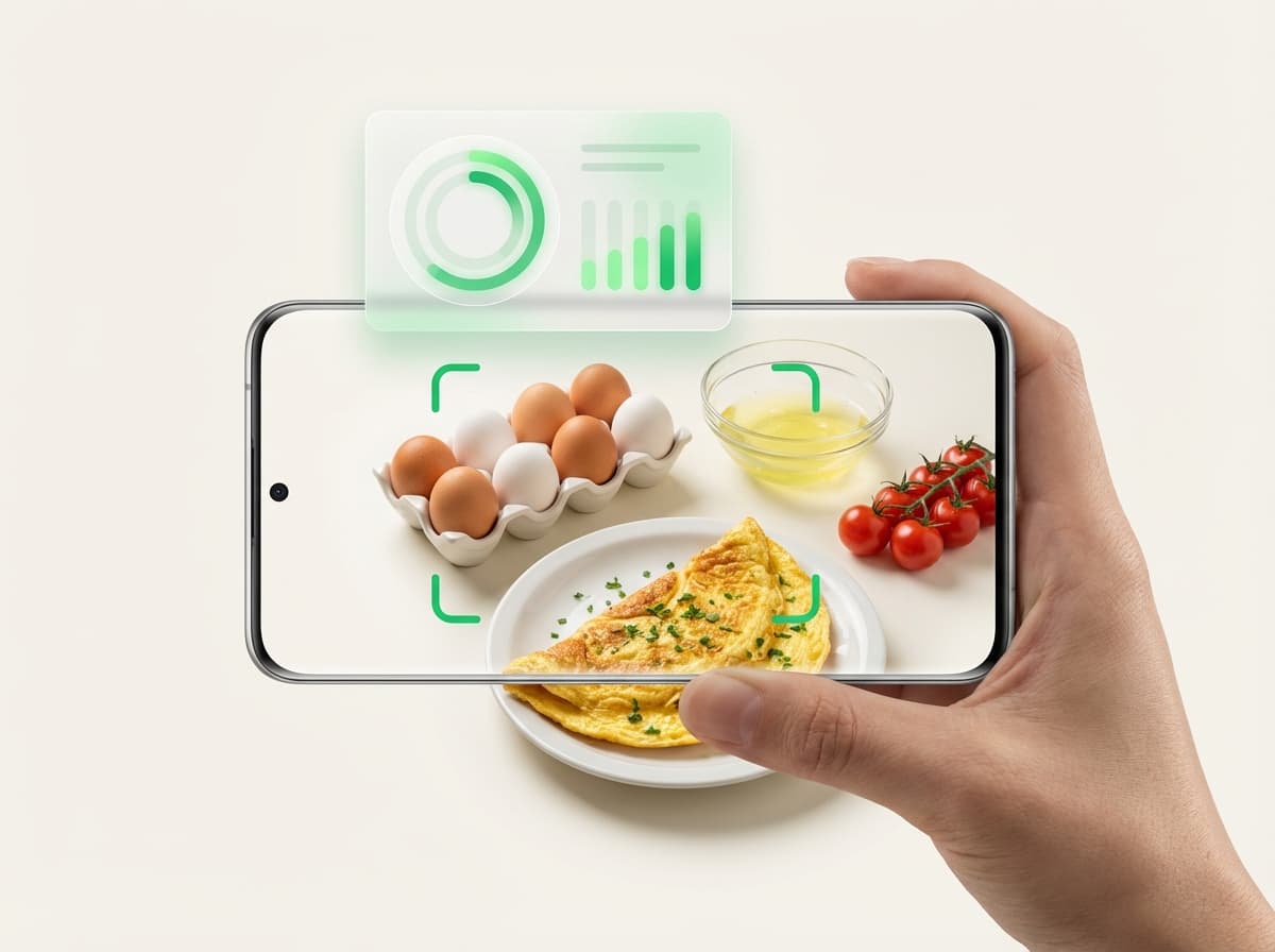 Яйца на столе, смартфон с карточкой КБЖУ