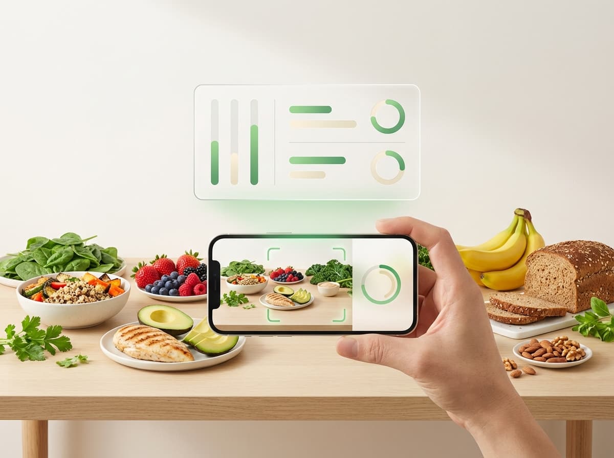 Таблица калорийности продуктов и смартфон с карточкой КБЖУ