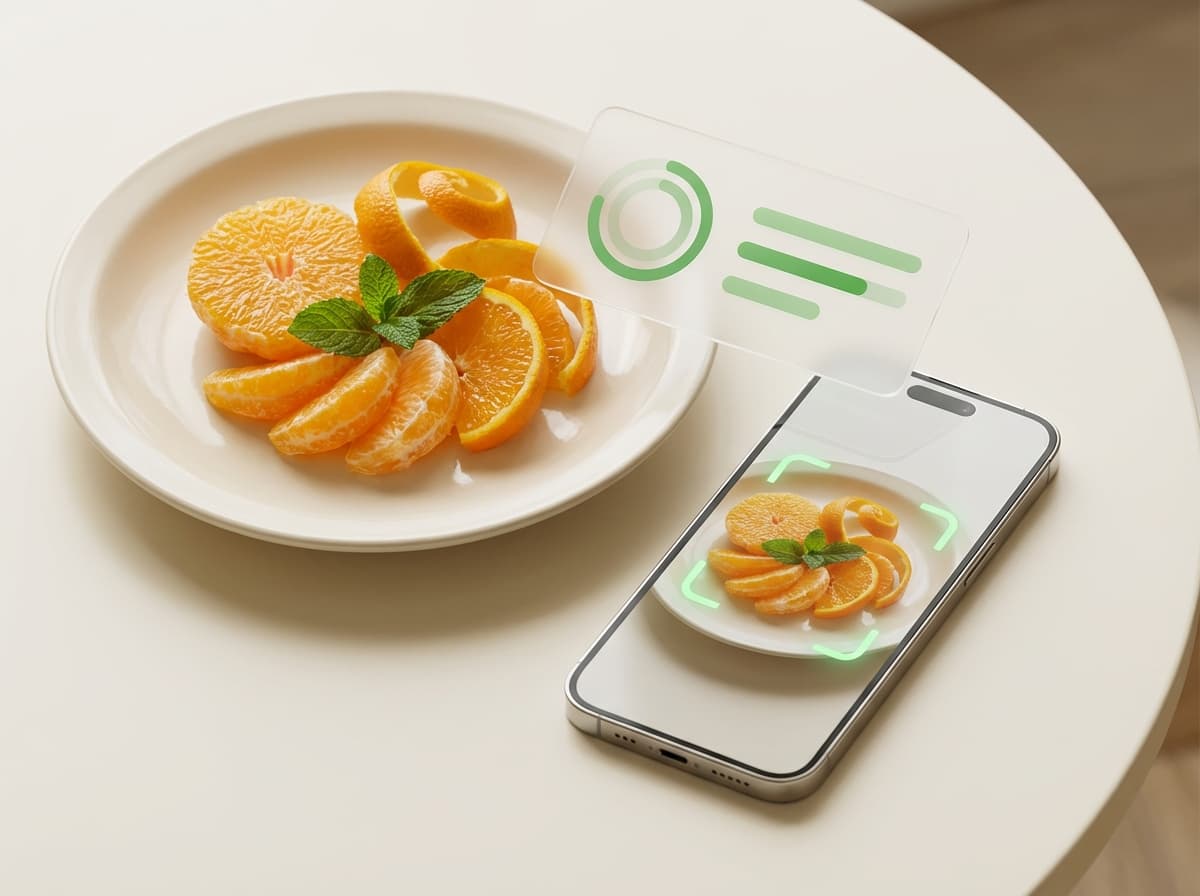 Апельсин — фото еды и интерфейс приложения с КБЖУ