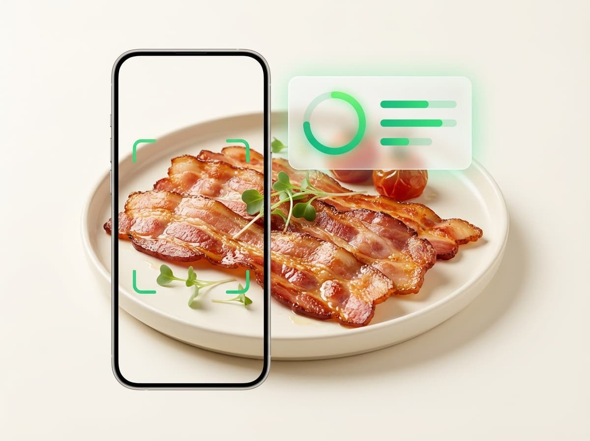 Бекон — фото еды и интерфейс приложения с КБЖУ