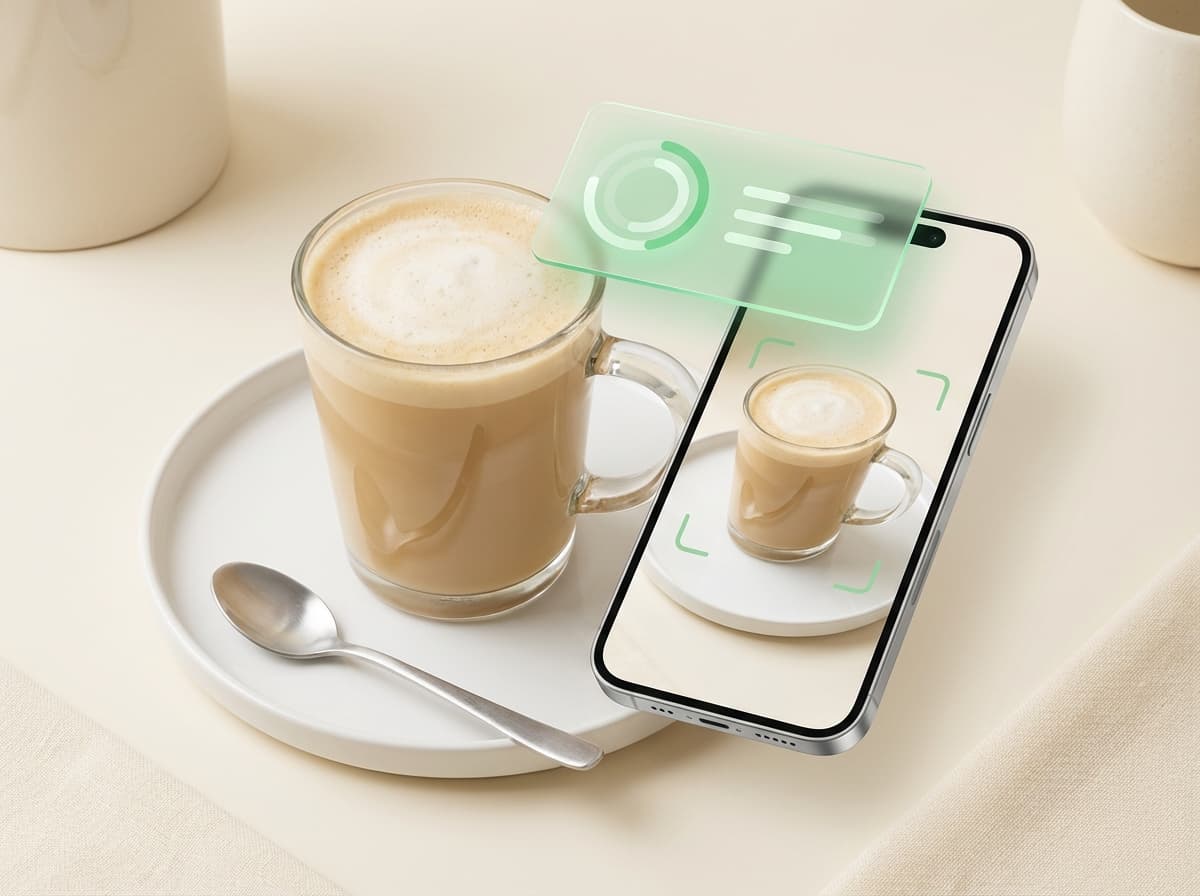 Латте (без сахара, среднее) — фото еды и интерфейс приложения с КБЖУ