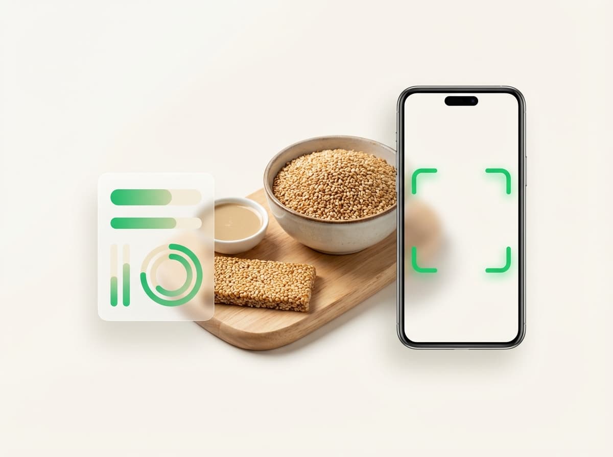 Кунжут — фото еды и интерфейс приложения с КБЖУ