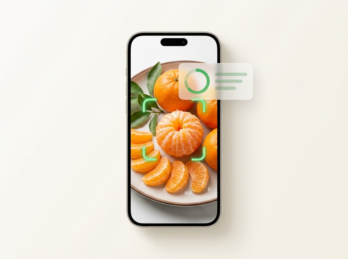 Мандарин — фото еды и интерфейс приложения с КБЖУ