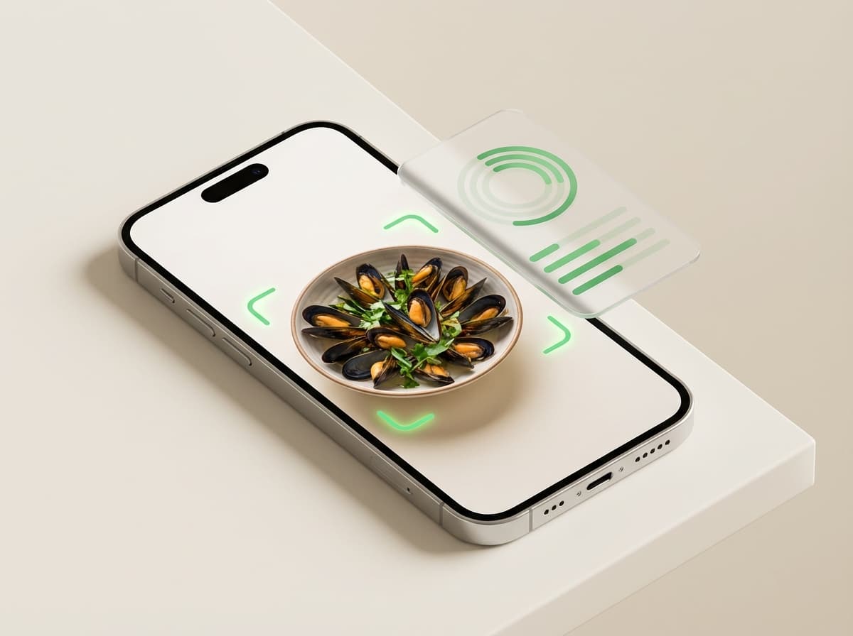 Мидии — фото еды и интерфейс приложения с КБЖУ