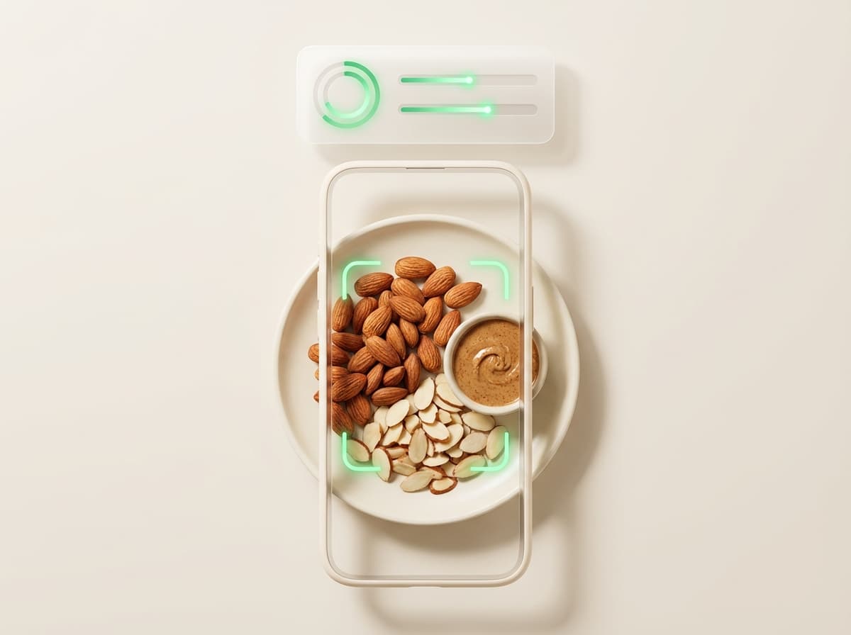 Миндаль — фото еды и интерфейс приложения с КБЖУ
