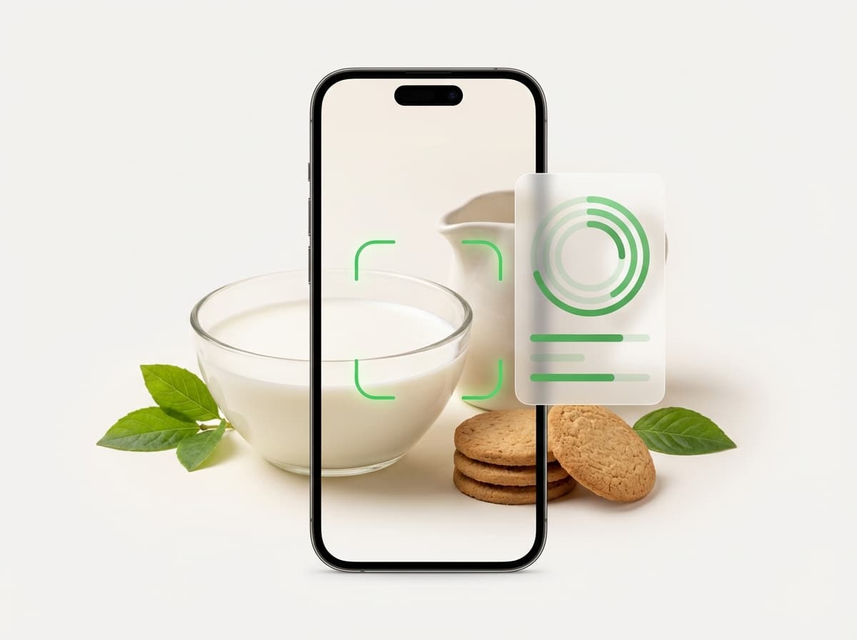 Молоко 2.5% — фото еды и интерфейс приложения с КБЖУ