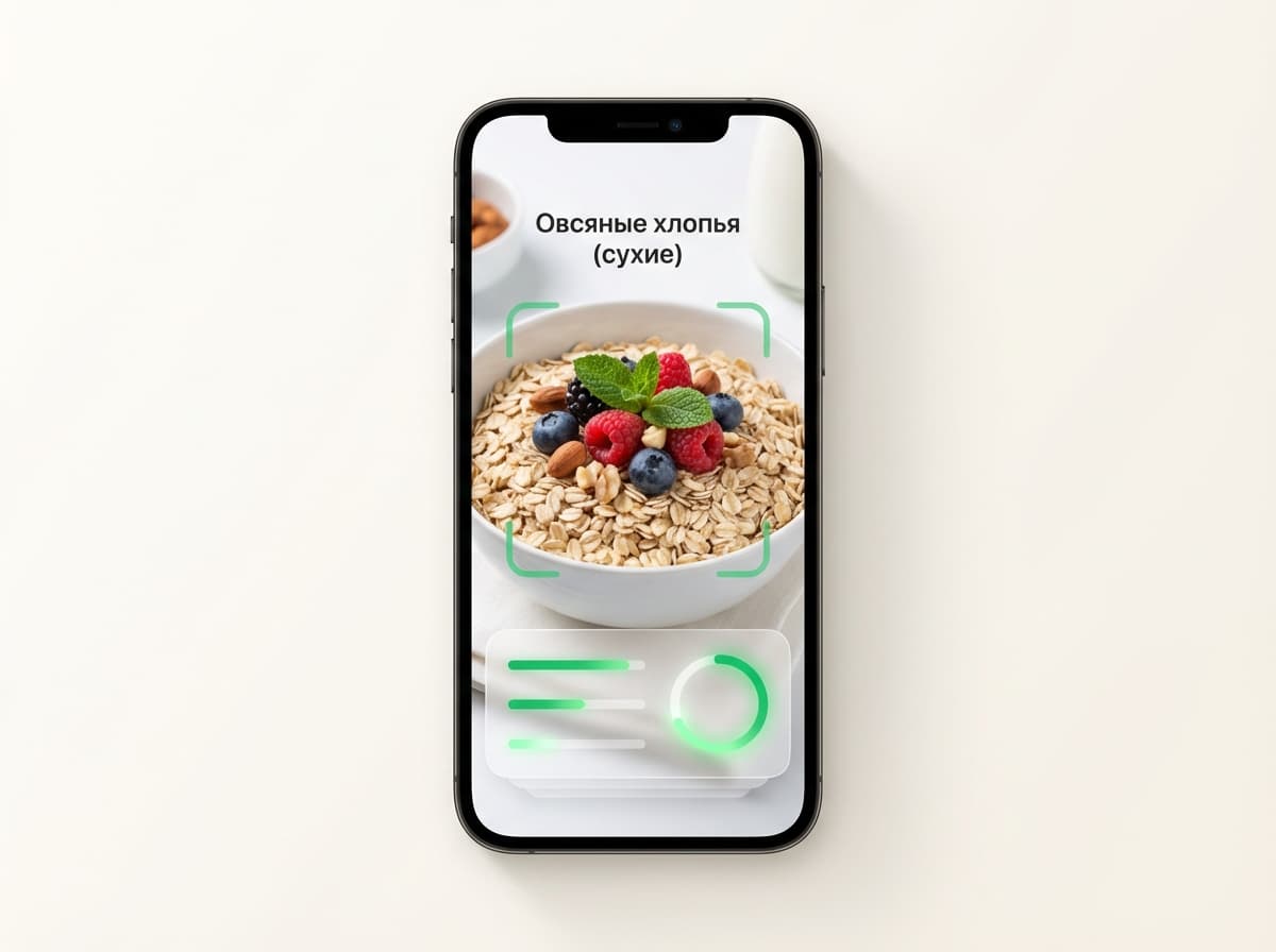 Овсяные хлопья (сухие) — фото еды и интерфейс приложения с КБЖУ
