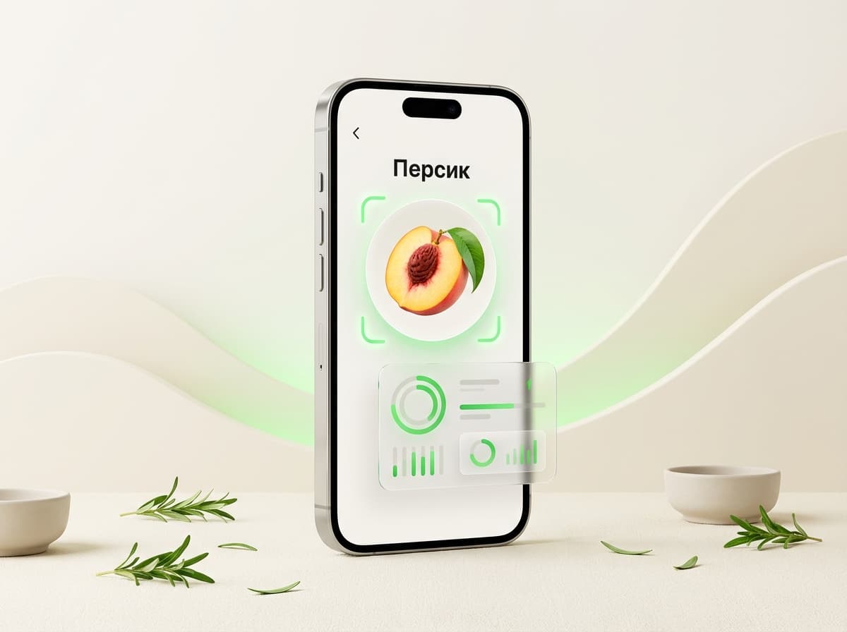 Персик — фото еды и интерфейс приложения с КБЖУ