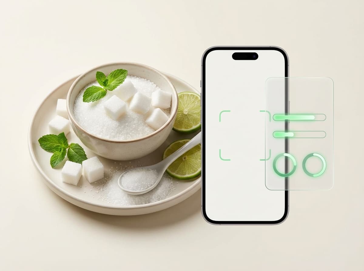 Сахар — фото еды и интерфейс приложения с КБЖУ