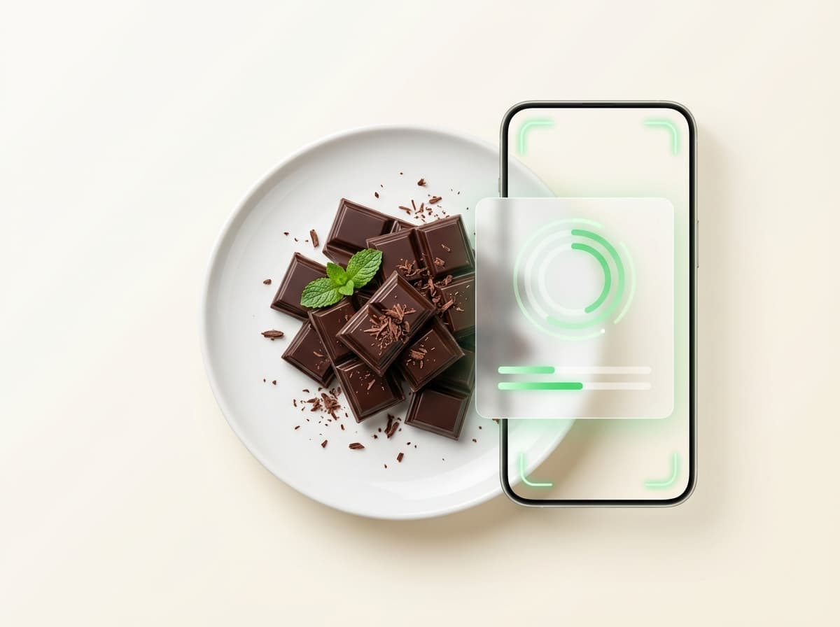 Шоколад горький — фото еды и интерфейс приложения с КБЖУ