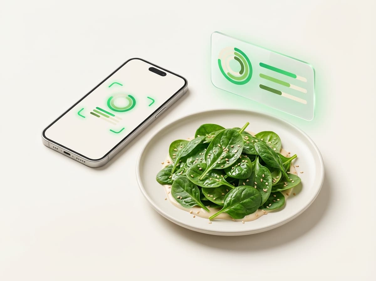Шпинат — фото еды и интерфейс приложения с КБЖУ