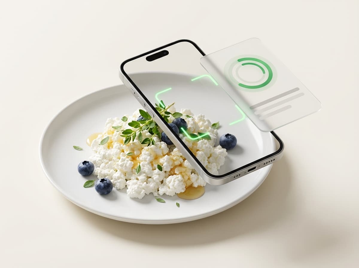 Творог 0–1% — фото еды и интерфейс приложения с КБЖУ