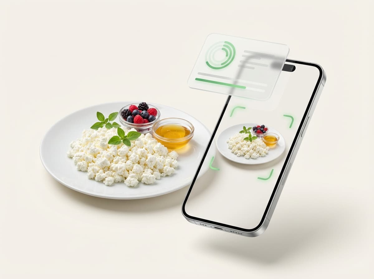 Творог 5% — фото еды и интерфейс приложения с КБЖУ