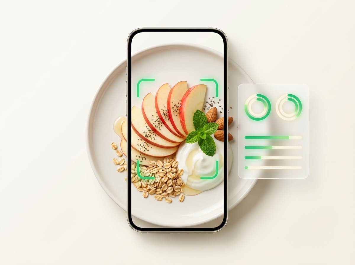 Яблоко — фото еды и интерфейс приложения с КБЖУ