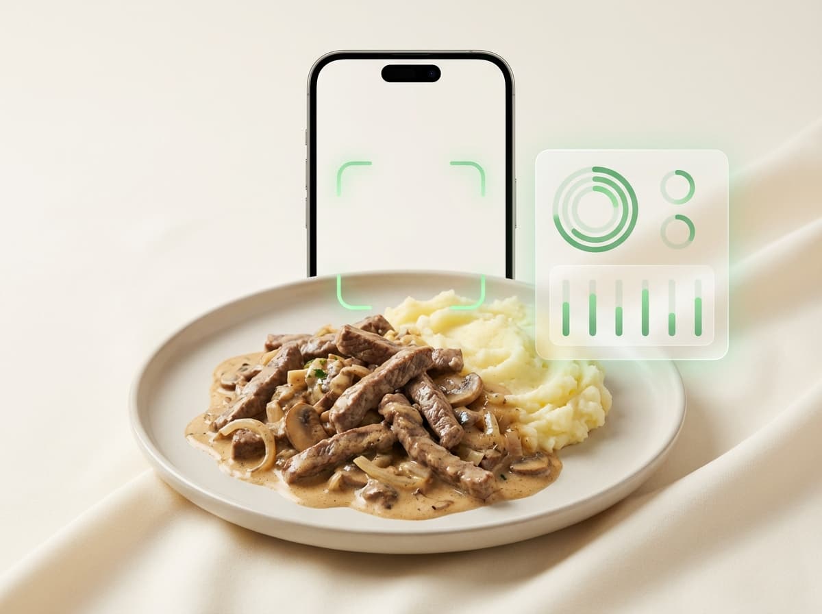 Бефстроганов — фото блюда и интерфейс приложения с КБЖУ