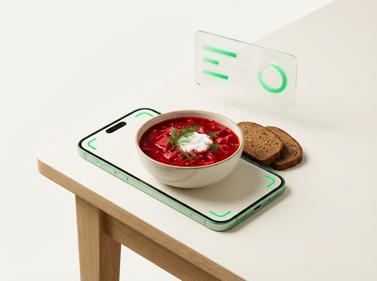 Борщ — фото блюда и интерфейс приложения с КБЖУ