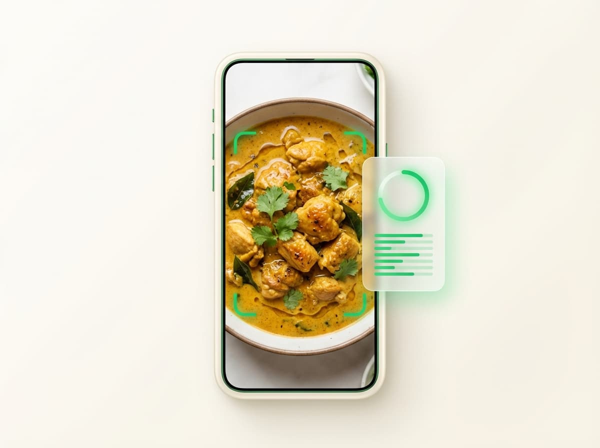 Куриный карри — фото блюда и интерфейс приложения с КБЖУ