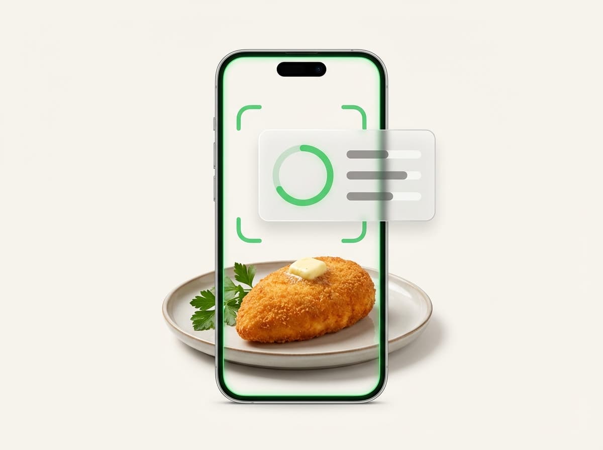 Котлета по‑киевски — фото блюда и интерфейс приложения с КБЖУ