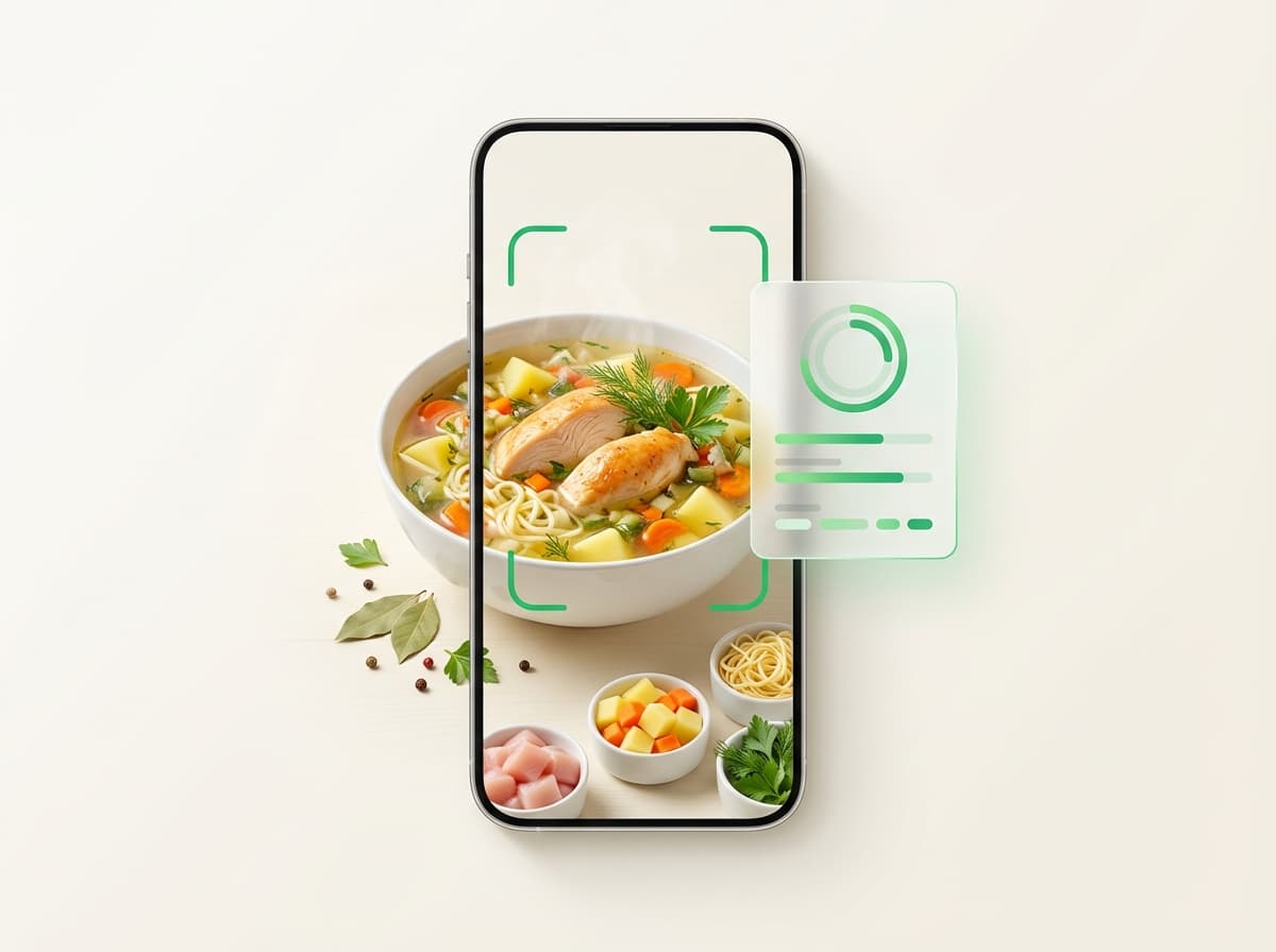 Куриный суп — фото блюда и интерфейс приложения с КБЖУ