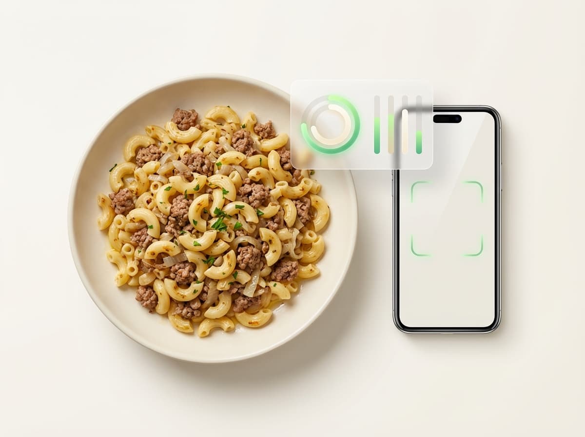 Макароны по‑флотски — фото блюда и интерфейс приложения с КБЖУ