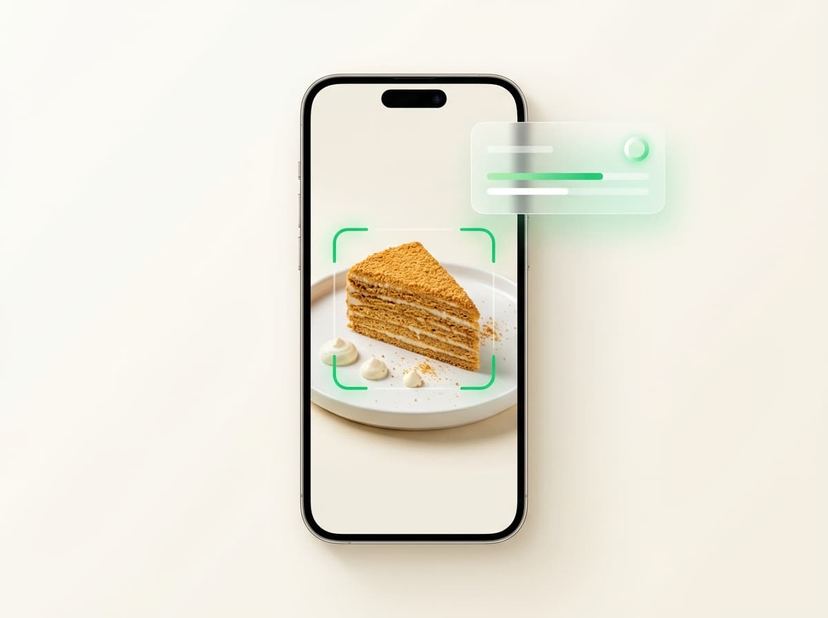 Медовик — фото блюда и интерфейс приложения с КБЖУ