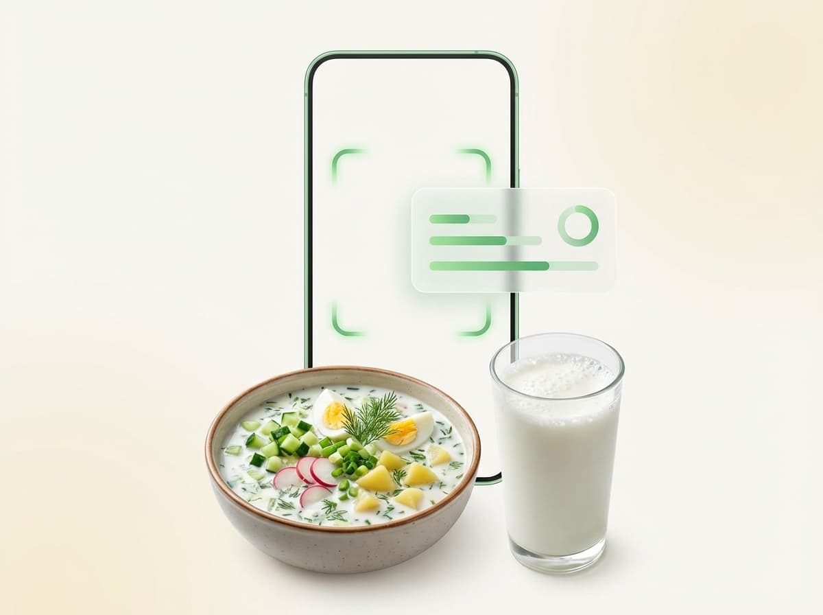 Окрошка — фото блюда и интерфейс приложения с КБЖУ