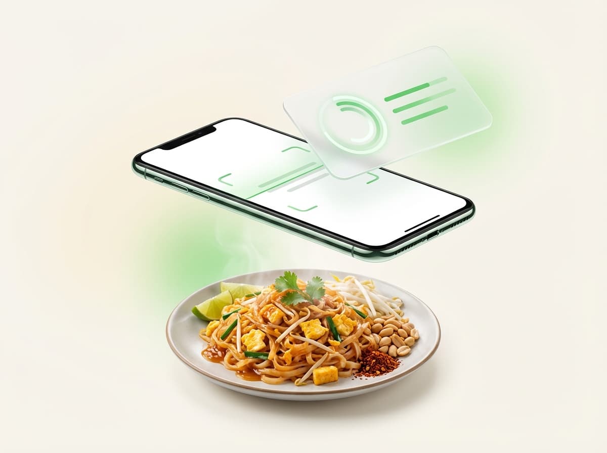 Пад‑тай — фото блюда и интерфейс приложения с КБЖУ