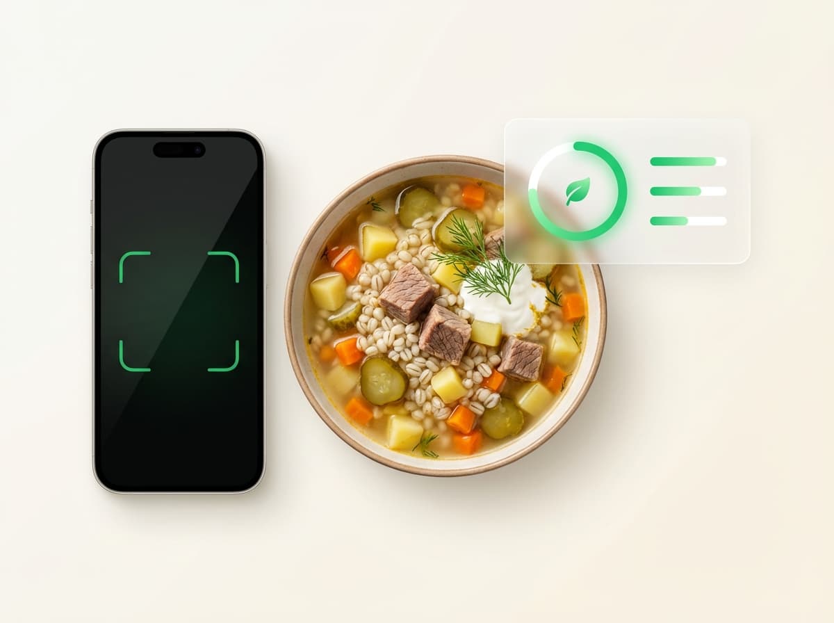 Рассольник — фото блюда и интерфейс приложения с КБЖУ