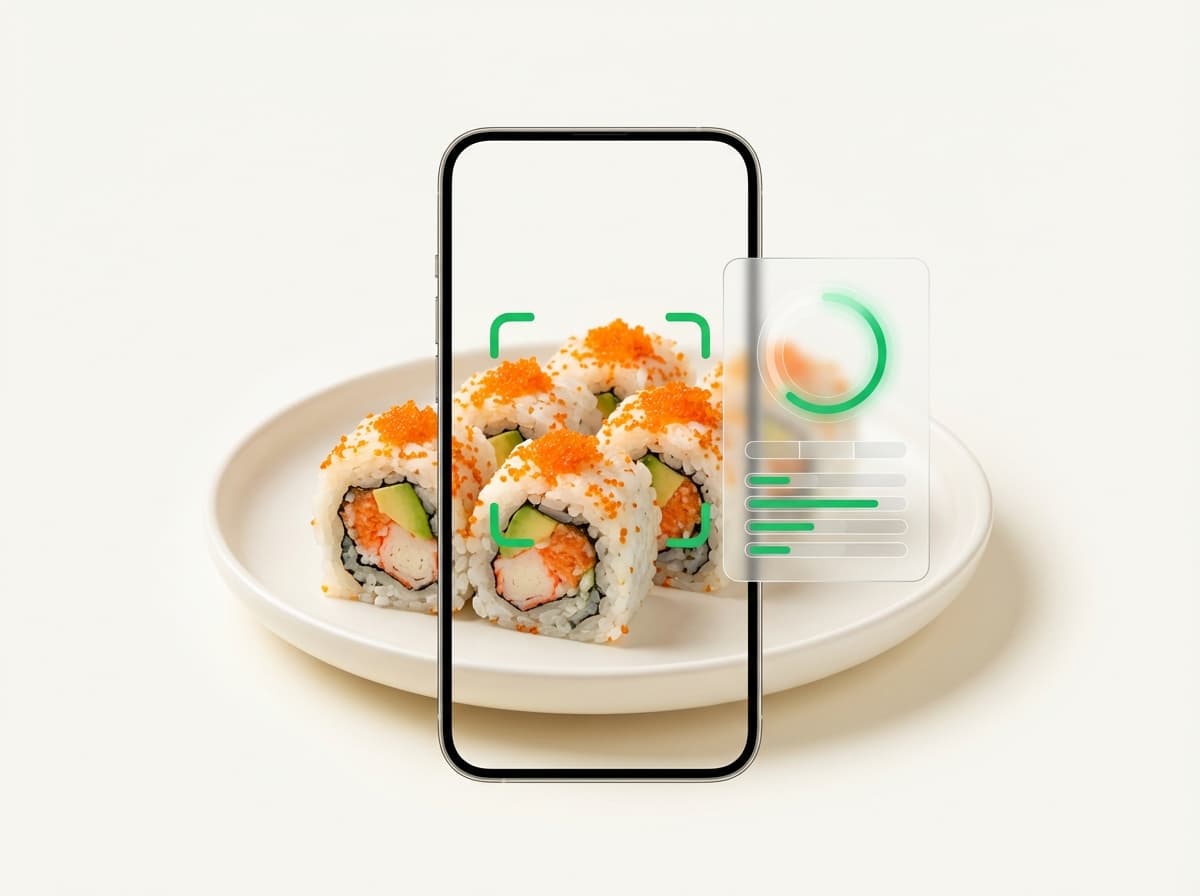 Ролл «Калифорния» — фото блюда и интерфейс приложения с КБЖУ