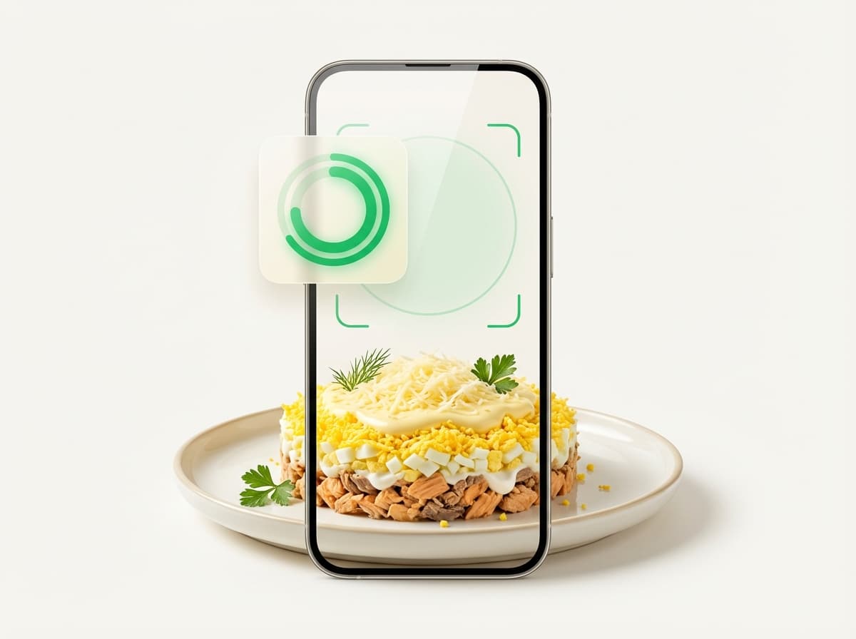 Мимоза — фото блюда и интерфейс приложения с КБЖУ