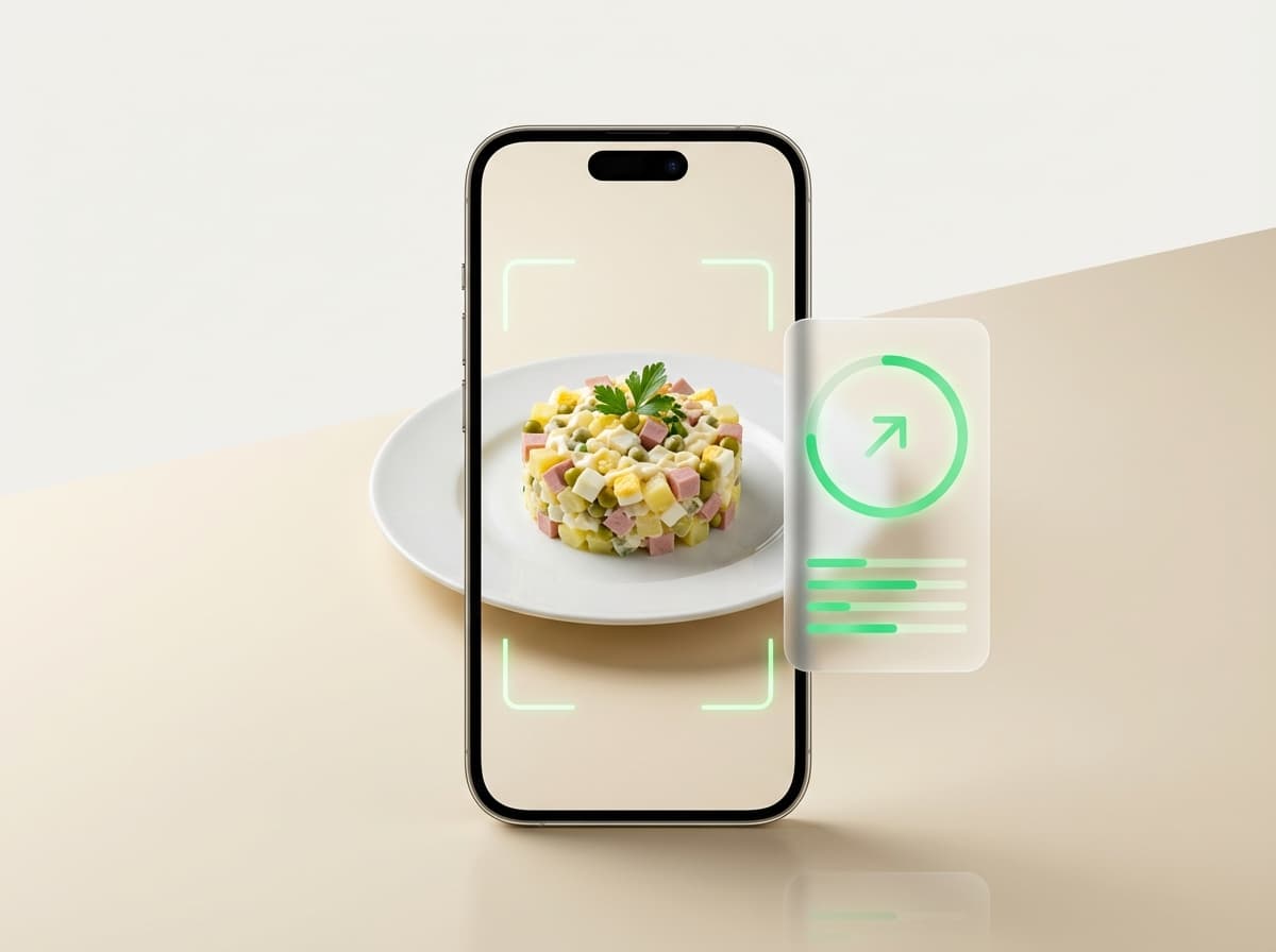 Оливье — фото блюда и интерфейс приложения с КБЖУ