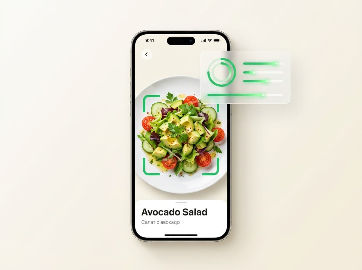 Салат с авокадо — фото блюда и интерфейс приложения с КБЖУ