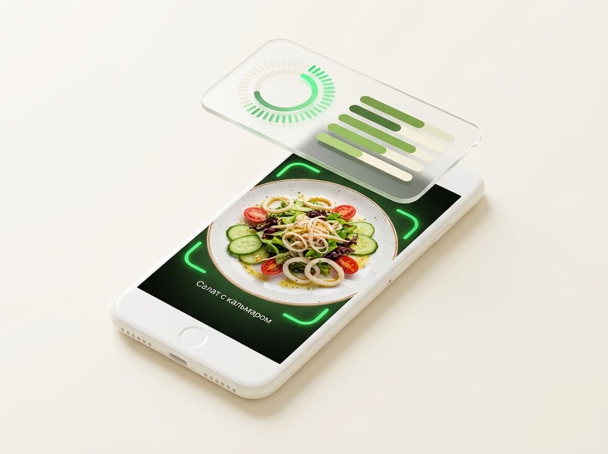 Салат с кальмаром — фото блюда и интерфейс приложения с КБЖУ