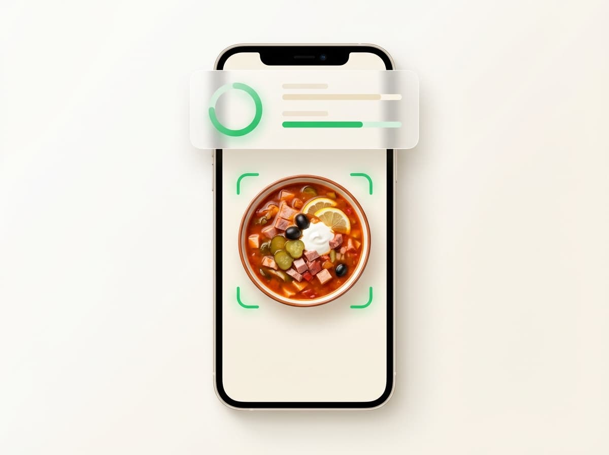 Солянка — фото блюда и интерфейс приложения с КБЖУ