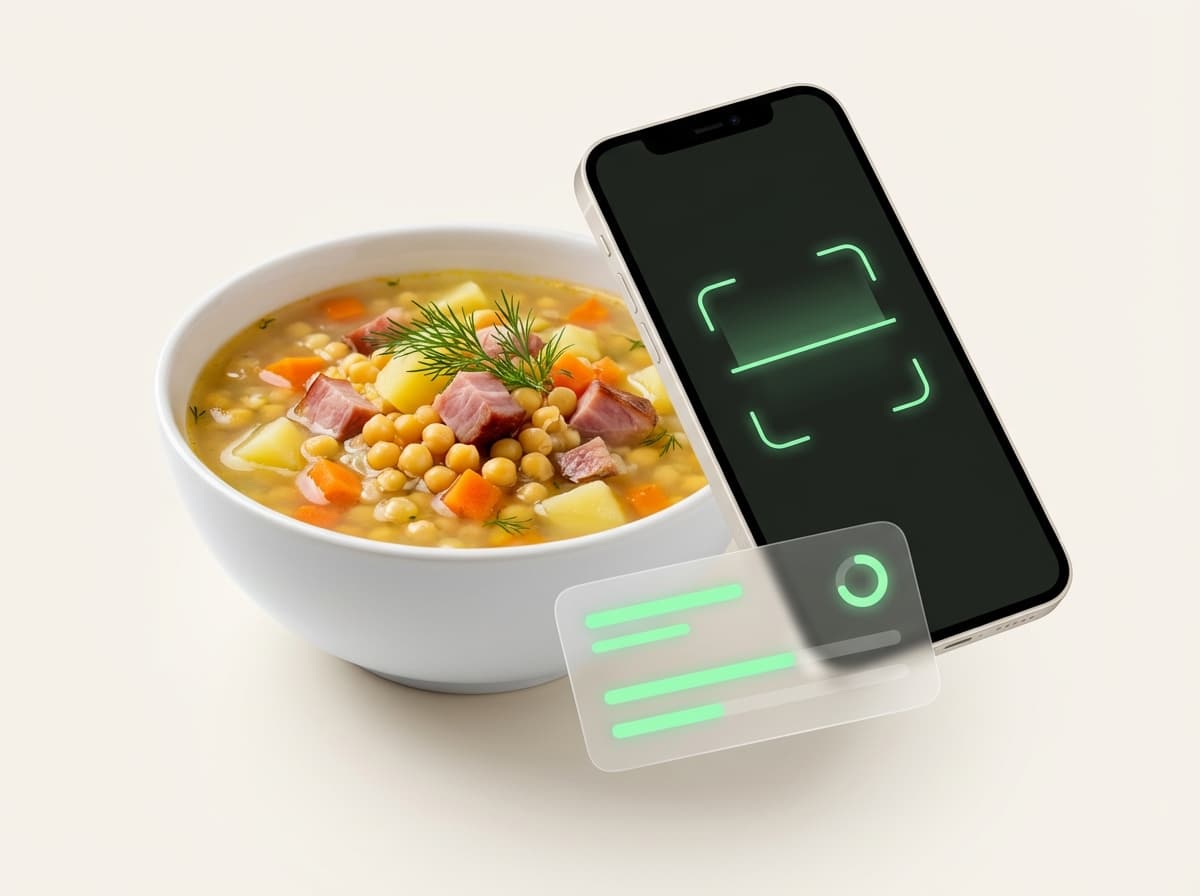 Гороховый суп — фото блюда и интерфейс приложения с КБЖУ