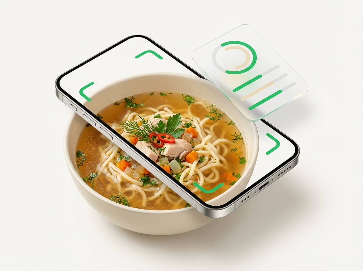 Суп‑лапша — фото блюда и интерфейс приложения с КБЖУ