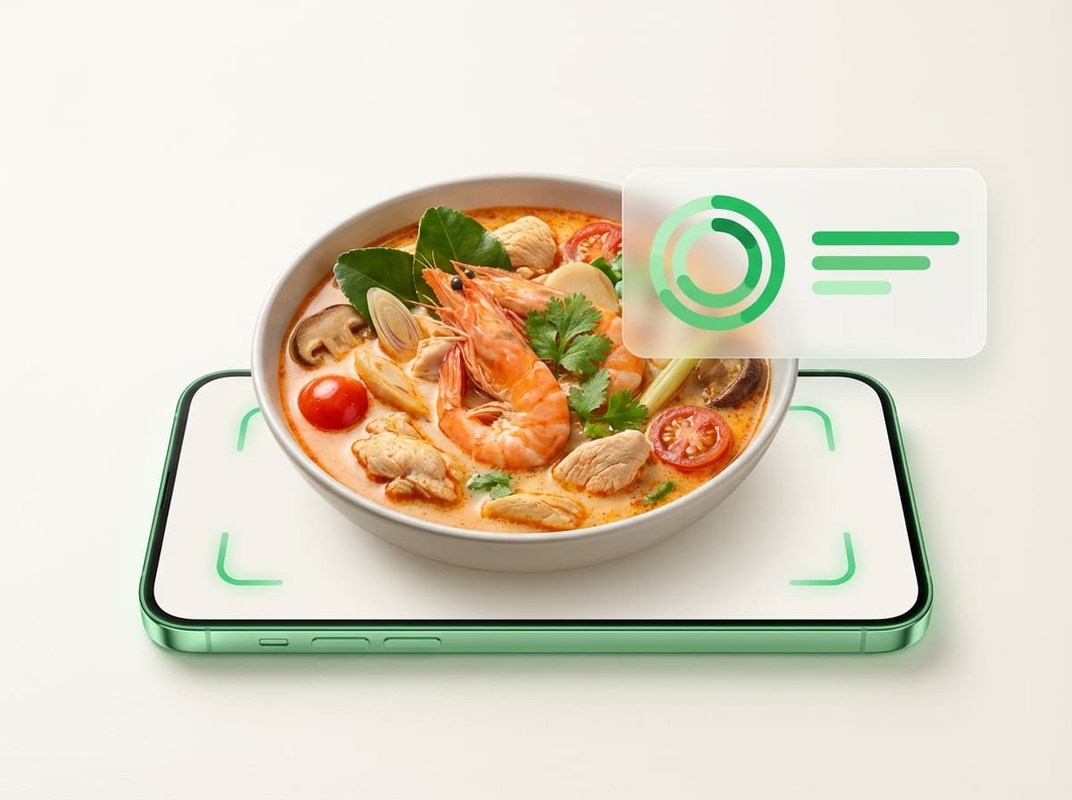 Том‑ям — фото блюда и интерфейс приложения с КБЖУ