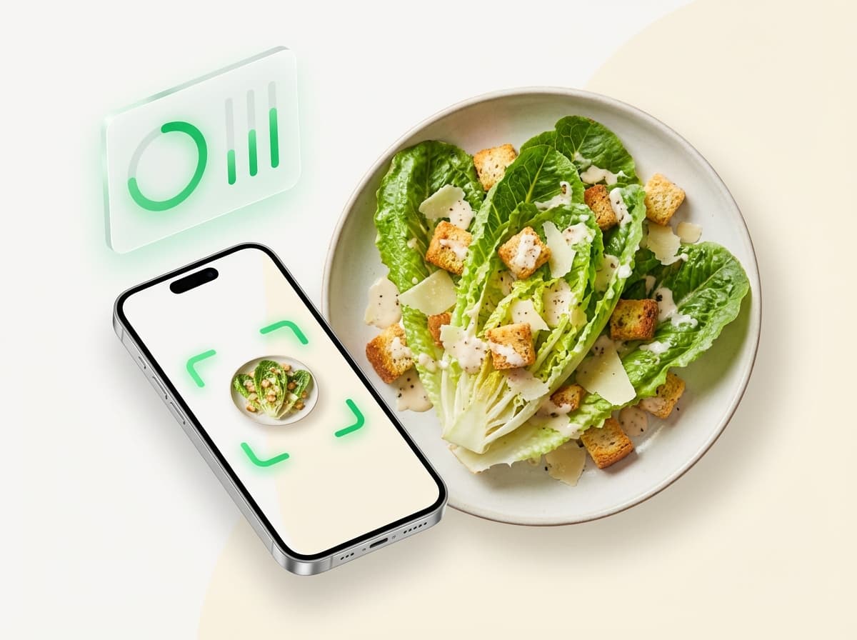 Салат «Цезарь» — иллюстрация и интерфейс приложения с КБЖУ