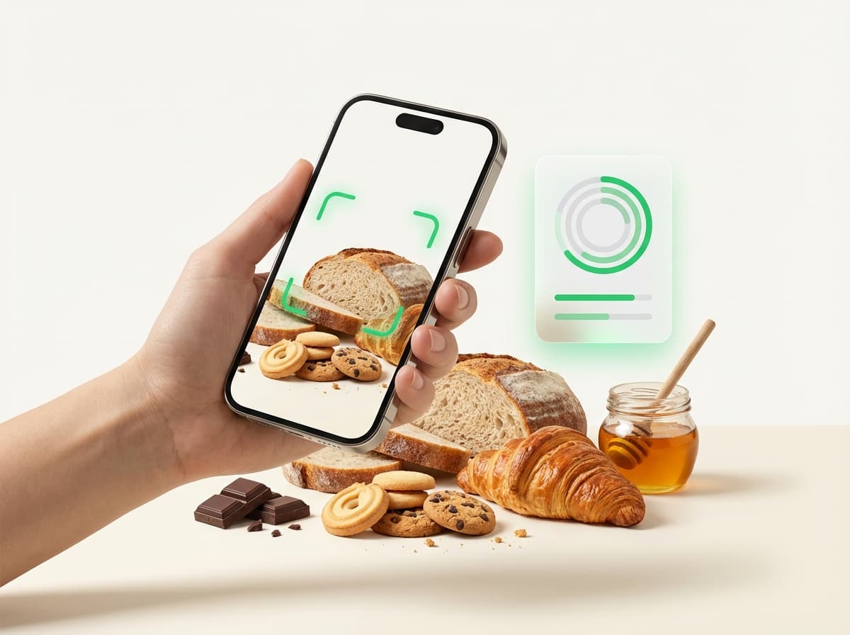 Хлеб и выпечка, смартфон с карточкой КБЖУ