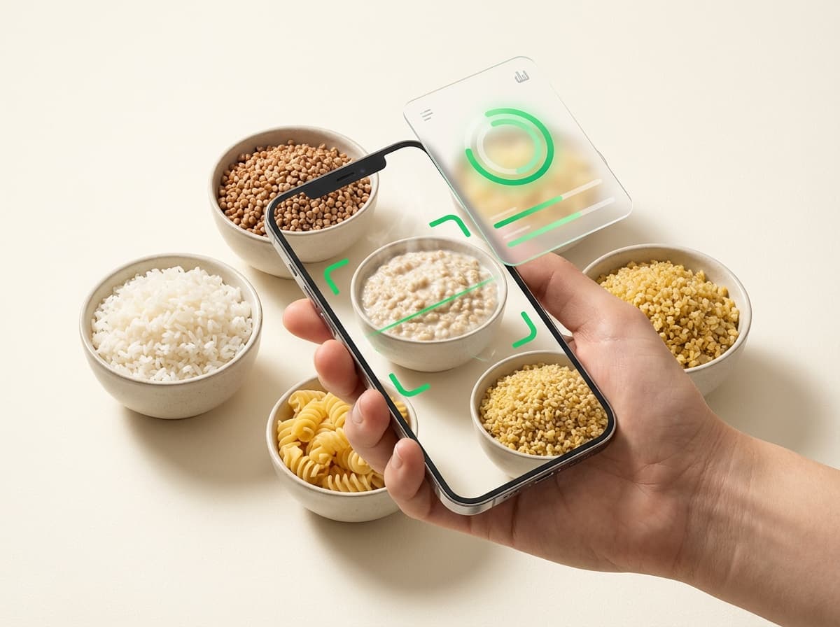 Крупы и каши, рядом смартфон с калькулятором порции и КБЖУ