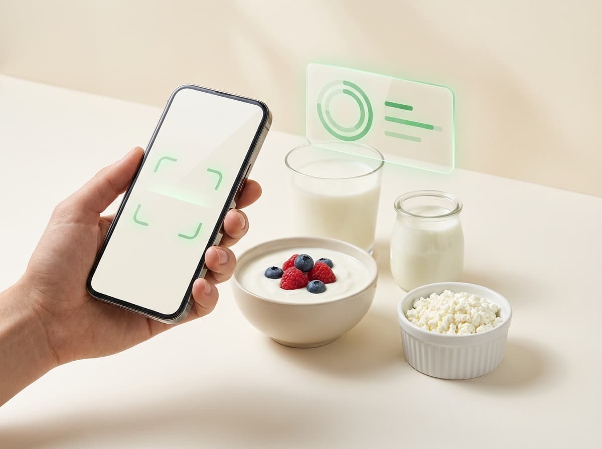 Молочные продукты на столе, смартфон с карточкой КБЖУ