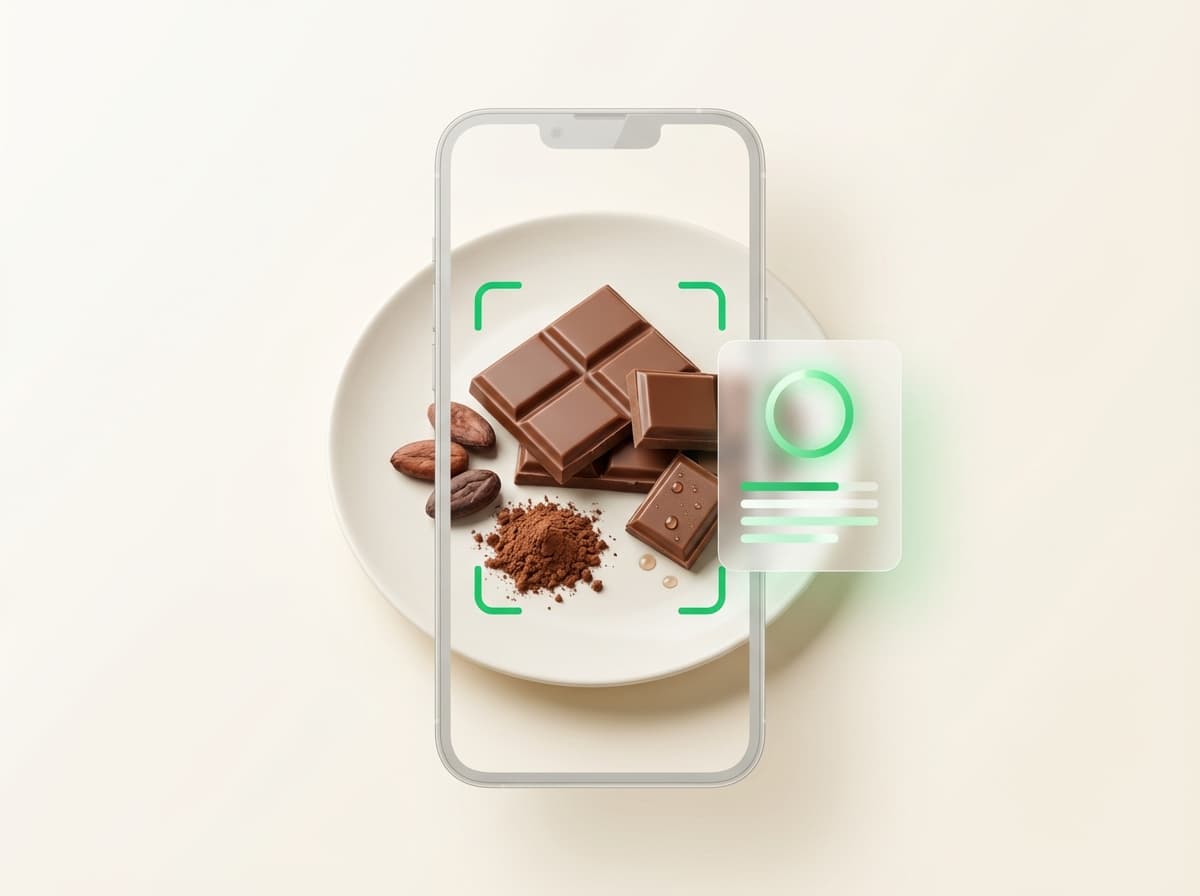 Шоколад молочный — фото еды и интерфейс приложения с КБЖУ