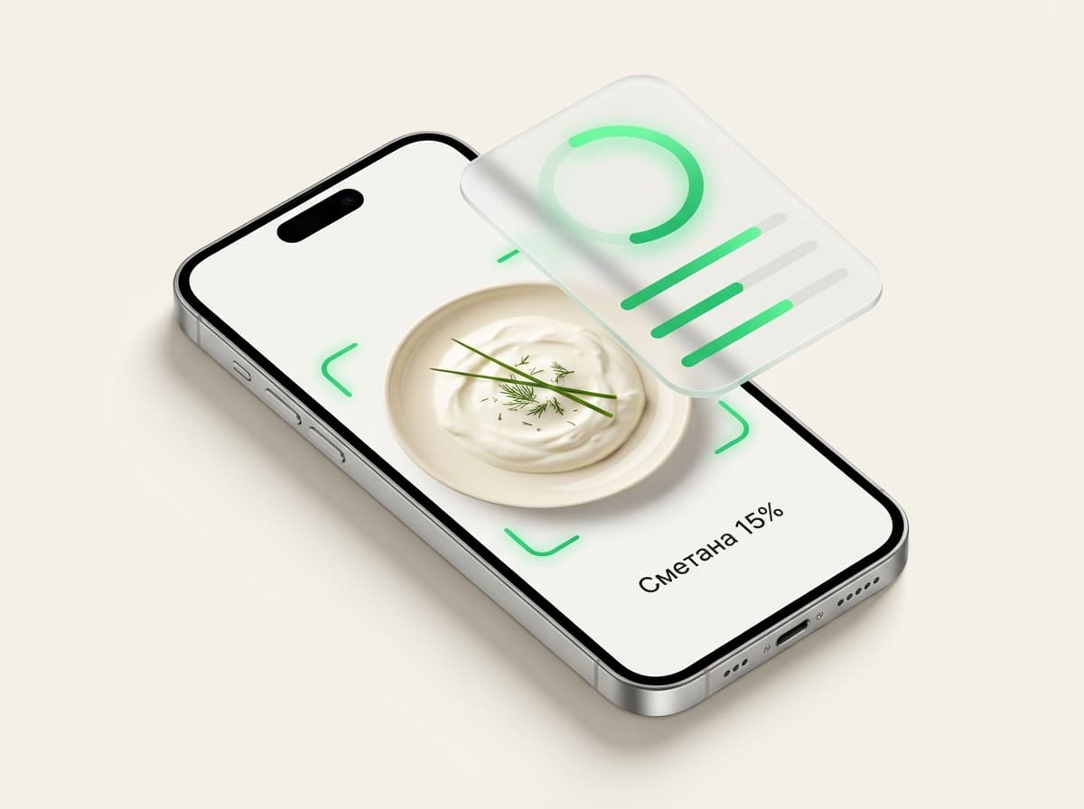 Сметана 15% — фото еды и интерфейс приложения с КБЖУ
