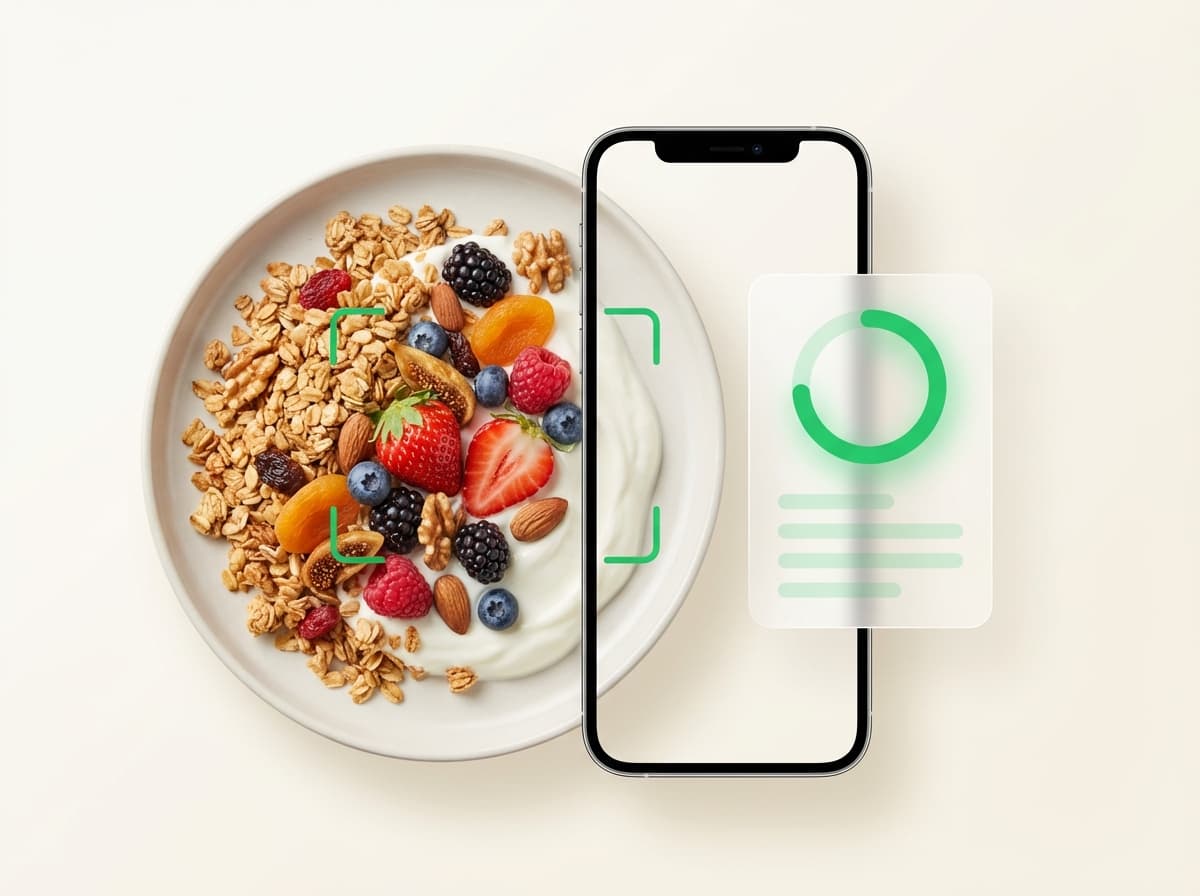 Гранола с йогуртом — фото блюда и интерфейс приложения с КБЖУ