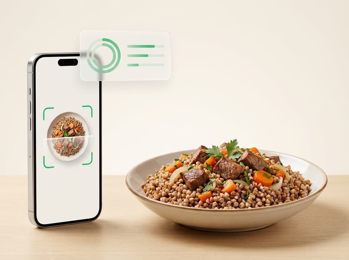 Гречка по‑купечески — фото блюда и интерфейс приложения с КБЖУ